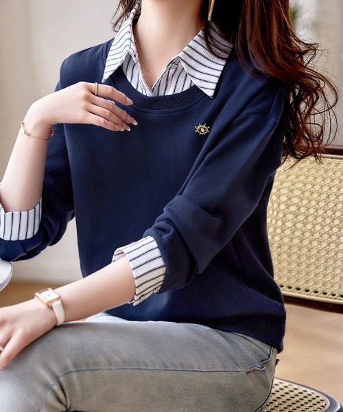 Doux Belle(ドゥーベル)の「ストライプシャツ×ニット MIXレイヤード風トップス(Tシャツ/カットソー・レディース・ダークブラウン/ネイビー・MEDIUM)」の9枚目の写真