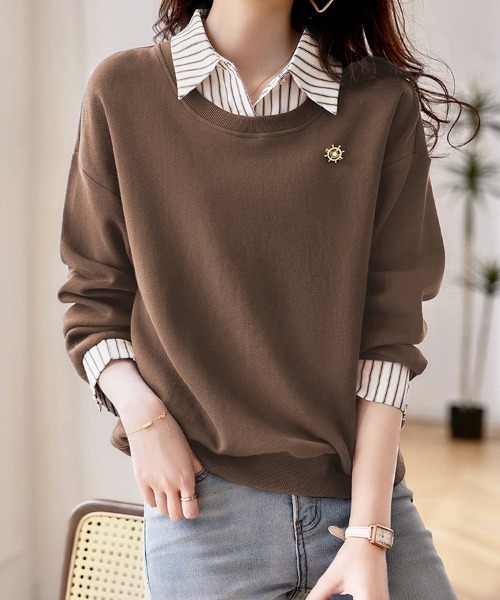 Doux Belle(ドゥーベル)の「ストライプシャツ×ニット MIXレイヤード風トップス(Tシャツ/カットソー・レディース・ダークブラウン/ネイビー・MEDIUM)」の11枚目の写真