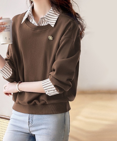 Doux Belle(ドゥーベル)の「ストライプシャツ×ニット MIXレイヤード風トップス(Tシャツ/カットソー・レディース・ダークブラウン/ネイビー・MEDIUM)」の13枚目の写真