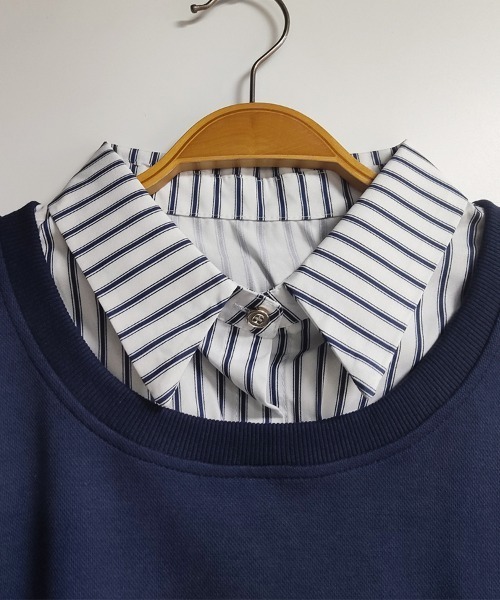 Doux Belle(ドゥーベル)の「ストライプシャツ×ニット MIXレイヤード風トップス(Tシャツ/カットソー・レディース・ダークブラウン/ネイビー・MEDIUM)」の4枚目の写真