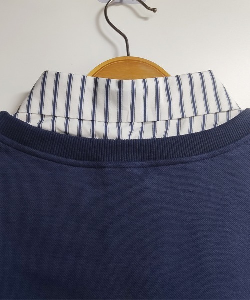 Doux Belle(ドゥーベル)の「ストライプシャツ×ニット MIXレイヤード風トップス(Tシャツ/カットソー・レディース・ダークブラウン/ネイビー・MEDIUM)」の5枚目の写真