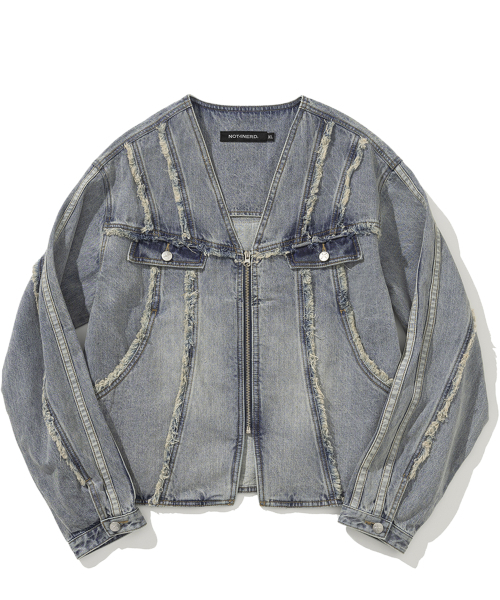Cut Off Side Line V-Neck Denim Jacket - Light Blue（デニム 