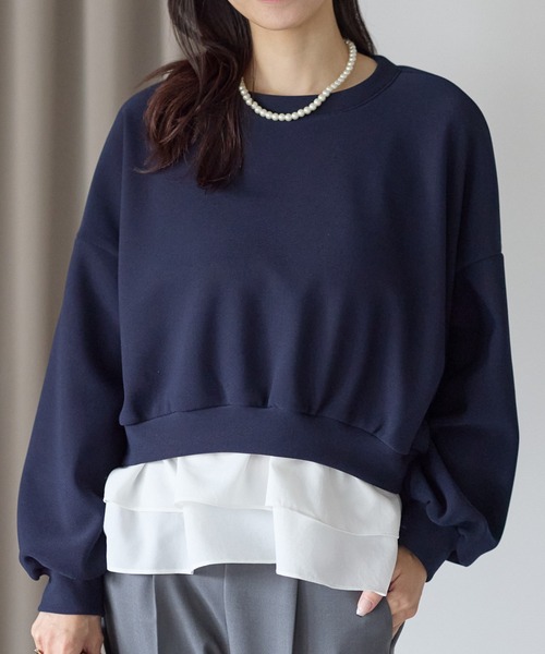 Neige（ネージュ）の「裏起毛フリルレイヤードトップス（Tシャツ/カットソー・レディース・ブラック/ネイビー・ONE SIZE）」の2枚目の写真