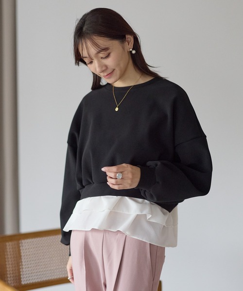 Neige（ネージュ）の「裏起毛フリルレイヤードトップス（Tシャツ/カットソー・レディース・ブラック/ネイビー・ONE SIZE）」の4枚目の写真