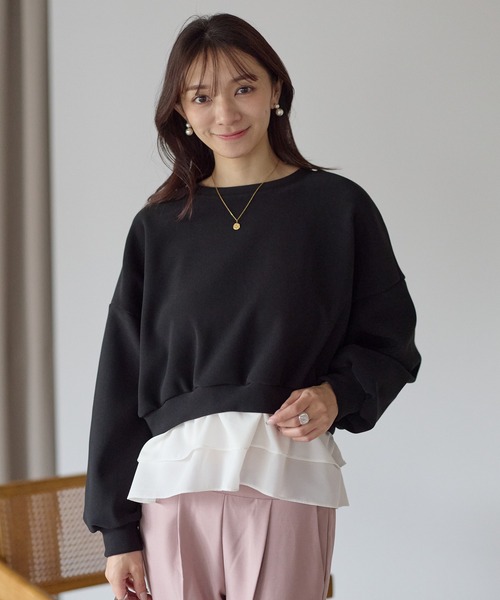 Neige（ネージュ）の「裏起毛フリルレイヤードトップス（Tシャツ/カットソー・レディース・ブラック/ネイビー・ONE SIZE）」の6枚目の写真