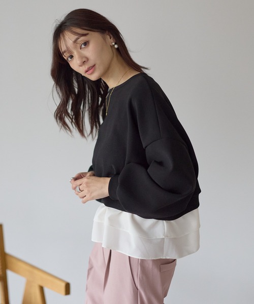 Neige（ネージュ）の「裏起毛フリルレイヤードトップス（Tシャツ/カットソー・レディース・ブラック/ネイビー・ONE SIZE）」の8枚目の写真