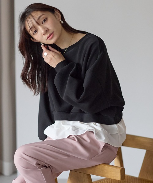 Neige（ネージュ）の「裏起毛フリルレイヤードトップス（Tシャツ/カットソー・レディース・ブラック/ネイビー・ONE SIZE）」の12枚目の写真