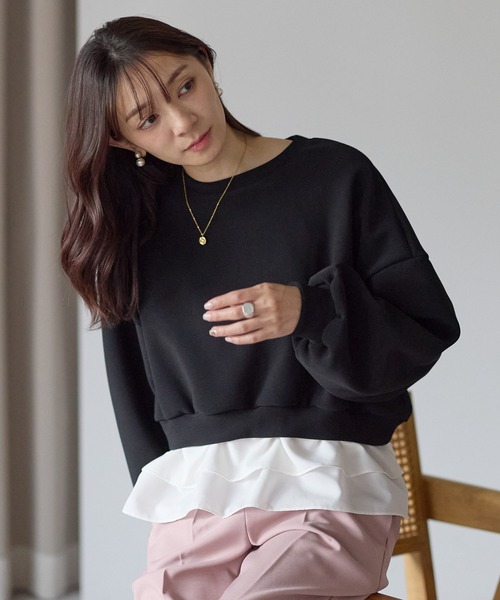 Neige（ネージュ）の「裏起毛フリルレイヤードトップス（Tシャツ/カットソー・レディース・ブラック/ネイビー・ONE SIZE）」の13枚目の写真