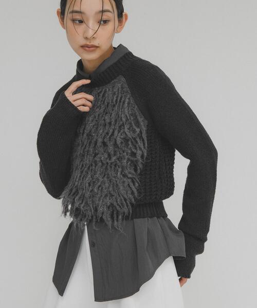 KBF（ケイビーエフ）の「コンパクトフリンジニット（ニット/セーター・レディース・オフホワイト/チャコールグレー・ONE）」の12枚目の写真