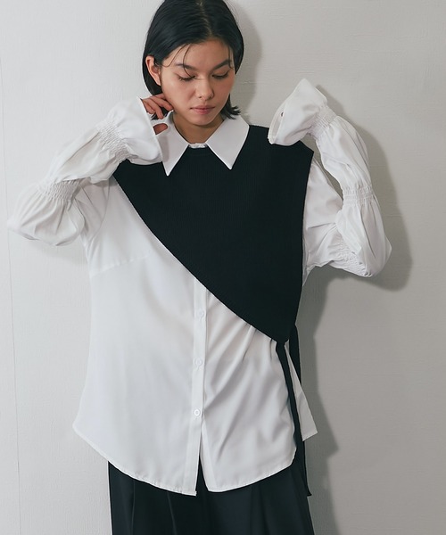 SMILE ORCHID(スマイルオーキッド)の「【2点セット】アシンメトリーニット×シャーリングブラウス(シャツ/ブラウス・レディース・ホワイト/ブラック・M)」の12枚目の写真