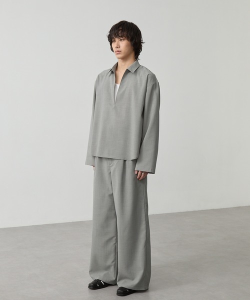 CALLNE（カルネ）の「【CALLNE】 High-twist Linen-like Skipper Shirt / 強撚リネンライクスキッパーシャツ（吸水速乾、UVカット、イージーケア）（シャツ/ブラウス・メンズ・ライトグレー/チャコールグレー・M/L）」の6枚目の写真