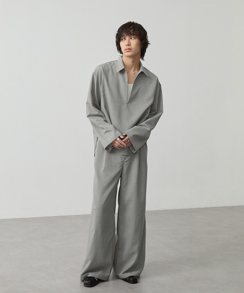 CALLNE（カルネ）の「【CALLNE】 High-twist Linen-like Skipper Shirt / 強撚リネンライクスキッパーシャツ（吸水速乾、UVカット、イージーケア）（シャツ/ブラウス・メンズ・ライトグレー/チャコールグレー・M/L）」の7枚目の写真