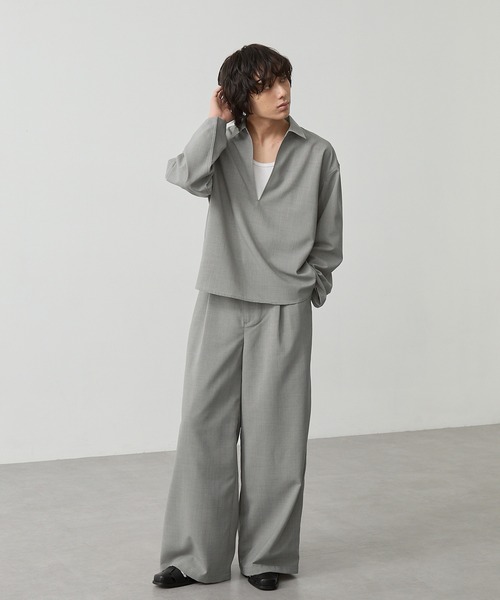 CALLNE（カルネ）の「【CALLNE】 High-twist Linen-like Skipper Shirt / 強撚リネンライクスキッパーシャツ（吸水速乾、UVカット、イージーケア）（シャツ/ブラウス・メンズ・ライトグレー/チャコールグレー・M/L）」の11枚目の写真