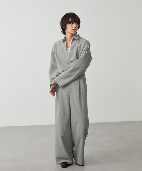 CALLNE（カルネ）の「【CALLNE】 High-twist Linen-like Skipper Shirt / 強撚リネンライクスキッパーシャツ（吸水速乾、UVカット、イージーケア）（シャツ/ブラウス・メンズ・ライトグレー/チャコールグレー・M/L）」の13枚目の写真