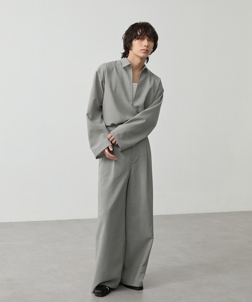 CALLNE（カルネ）の「【CALLNE】 High-twist Linen-like Skipper Shirt / 強撚リネンライクスキッパーシャツ（吸水速乾、UVカット、イージーケア）（シャツ/ブラウス・メンズ・ライトグレー/チャコールグレー・M/L）」の14枚目の写真