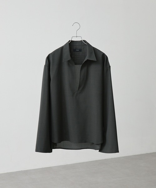 CALLNE（カルネ）の「【CALLNE】 High-twist Linen-like Skipper Shirt / 強撚リネンライクスキッパーシャツ（吸水速乾、UVカット、イージーケア）（シャツ/ブラウス・メンズ・ライトグレー/チャコールグレー・M/L）」の15枚目の写真