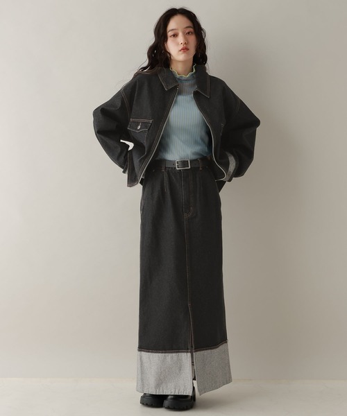 RAGEBLUE（レイジブルー）の「ステッチデザイン/フロントスリットデニムスカート/セットアップ対応（デニムスカート・レディース・ブルー/ブラック・FREE）」の4枚目の写真