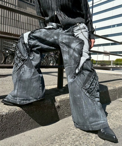 Never mind the XU（ネバーマインドザエックスユー）の「【Never mind the XU】Patchwork Wide Leg pants / 【ネバーマインド ザ エックスユー】パッチワークワイドパンツ（デニムパンツ・メンズ・ブラック・L）」の8枚目の写真