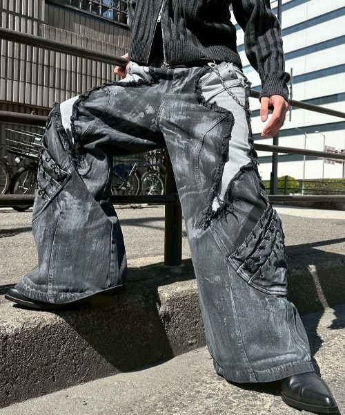 Never mind the XU（ネバーマインドザエックスユー）の「【Never mind the XU】Patchwork Wide Leg pants / 【ネバーマインド ザ エックスユー】パッチワークワイドパンツ（デニムパンツ・メンズ・ブラック・L）」の10枚目の写真