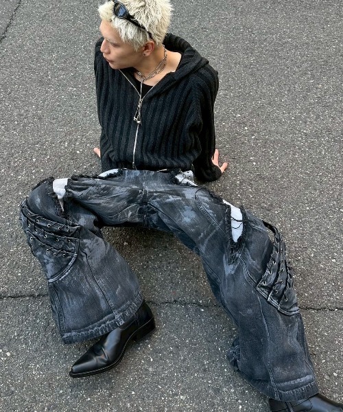 Never mind the XU（ネバーマインドザエックスユー）の「【Never mind the XU】Patchwork Wide Leg pants / 【ネバーマインド ザ エックスユー】パッチワークワイドパンツ（デニムパンツ・メンズ・ブラック・L）」の5枚目の写真