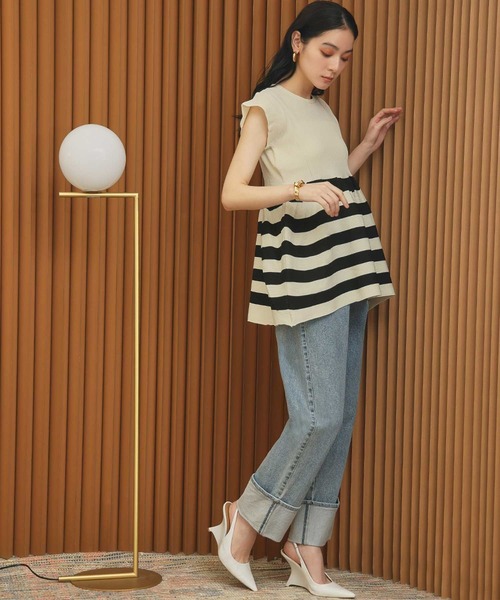 ELFRANK（エルフランク）の「フレンチスリーブボーダーペプラムリブニットトップス《着用動画あり》（ニット/セーター・レディース・ブラック×ホワイト/ホワイト×ブラック・L/M）」の9枚目の写真