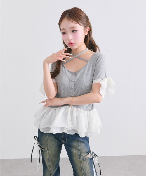 OLIVE des OLIVE(オリーブデオリーブ)の「ペプラムトップス(Tシャツ/カットソー・レディース・オフホワイト/トップグレー/ブラック・FREE)」の9枚目の写真