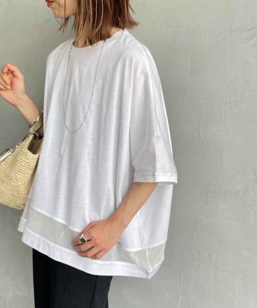 mizuiroind（ミズイロインド）の「[mizuiro ind/ミズイロインド] メッシュミックス ワイドTシャツ（Tシャツ/カットソー・レディース・ブラック/オフホワイト/ダークグレー・F）」の2枚目の写真