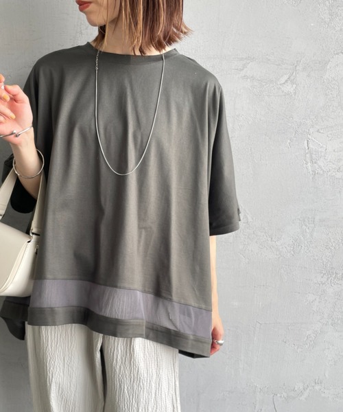 mizuiroind（ミズイロインド）の「[mizuiro ind/ミズイロインド] メッシュミックス ワイドTシャツ（Tシャツ/カットソー・レディース・ブラック/オフホワイト/ダークグレー・F）」の3枚目の写真