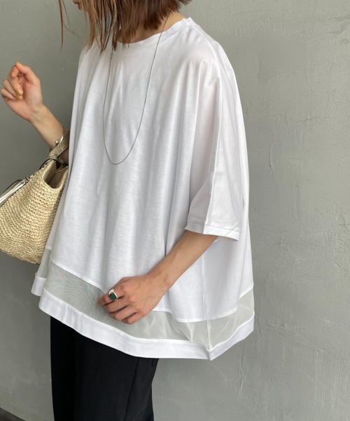 mizuiroind（ミズイロインド）の「[mizuiro ind/ミズイロインド] メッシュミックス ワイドTシャツ（Tシャツ/カットソー・レディース・ブラック/オフホワイト/ダークグレー・F）」の14枚目の写真