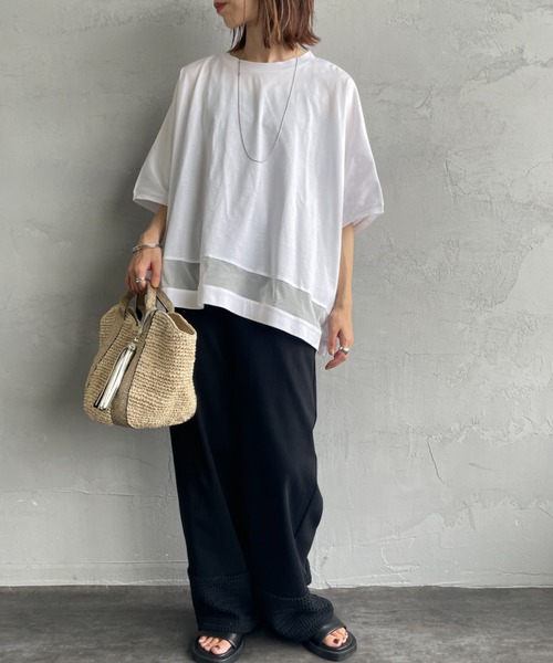 mizuiroind（ミズイロインド）の「[mizuiro ind/ミズイロインド] メッシュミックス ワイドTシャツ（Tシャツ/カットソー・レディース・ブラック/オフホワイト/ダークグレー・F）」の10枚目の写真