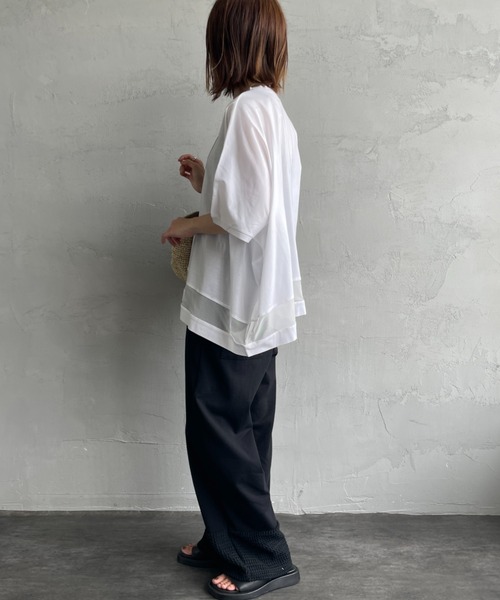 mizuiroind（ミズイロインド）の「[mizuiro ind/ミズイロインド] メッシュミックス ワイドTシャツ（Tシャツ/カットソー・レディース・ブラック/オフホワイト/ダークグレー・F）」の9枚目の写真