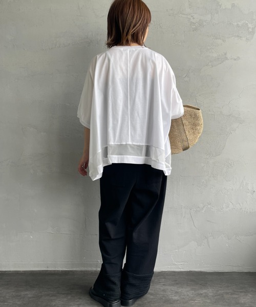 mizuiroind（ミズイロインド）の「[mizuiro ind/ミズイロインド] メッシュミックス ワイドTシャツ（Tシャツ/カットソー・レディース・ブラック/オフホワイト/ダークグレー・F）」の8枚目の写真