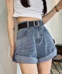 ハイウエスト ロールアップ デニムショートパンツ