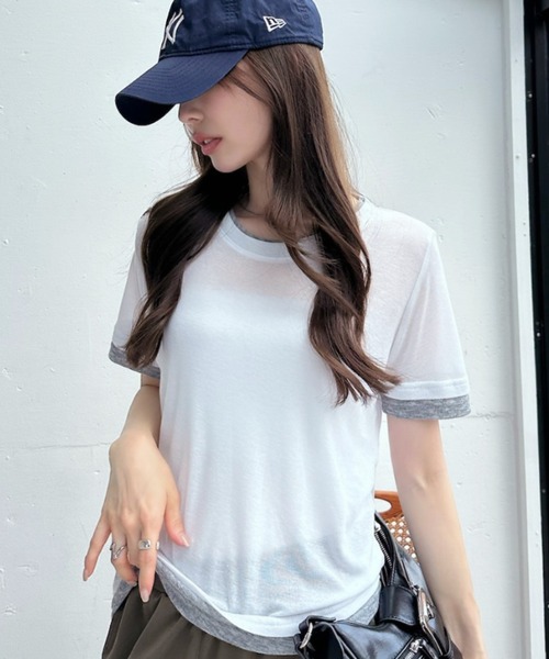 TREOVER(トレオーバー)の「シンプルに差がつくレイヤード風半袖シアートップス(Tシャツ/カットソー・レディース・ブラック×ホワイト/パープル系/ホワイト×グレー/グレー×ホワイト/イエロー×グレー・FREE)」の1枚目の写真