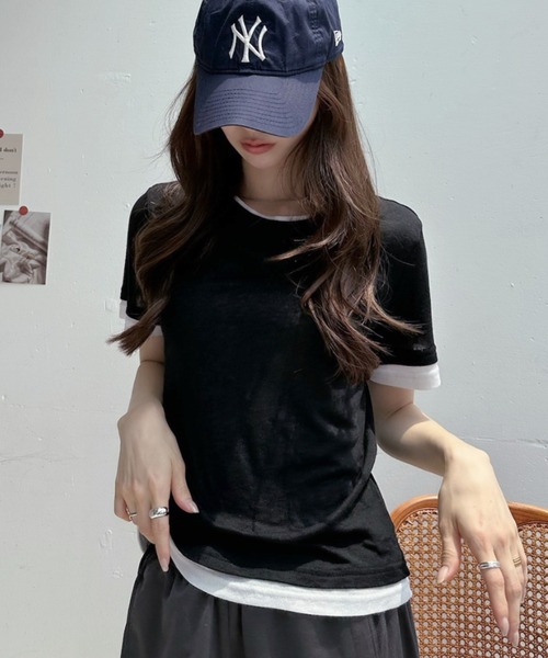TREOVER(トレオーバー)の「シンプルに差がつくレイヤード風半袖シアートップス(Tシャツ/カットソー・レディース・ブラック×ホワイト/パープル系/ホワイト×グレー/グレー×ホワイト/イエロー×グレー・FREE)」の2枚目の写真