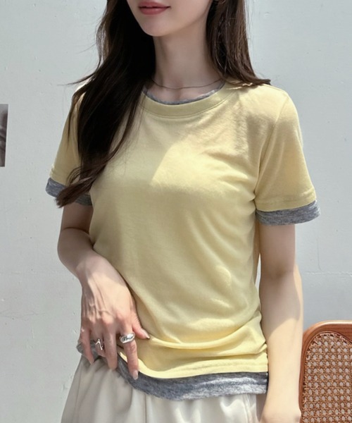 TREOVER(トレオーバー)の「シンプルに差がつくレイヤード風半袖シアートップス(Tシャツ/カットソー・レディース・ブラック×ホワイト/パープル系/ホワイト×グレー/グレー×ホワイト/イエロー×グレー・FREE)」の5枚目の写真