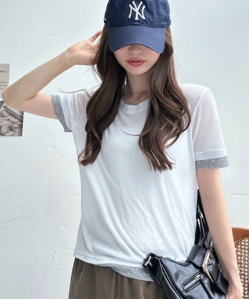 TREOVER(トレオーバー)の「シンプルに差がつくレイヤード風半袖シアートップス(Tシャツ/カットソー・レディース・ブラック×ホワイト/パープル系/ホワイト×グレー/グレー×ホワイト/イエロー×グレー・FREE)」の19枚目の写真