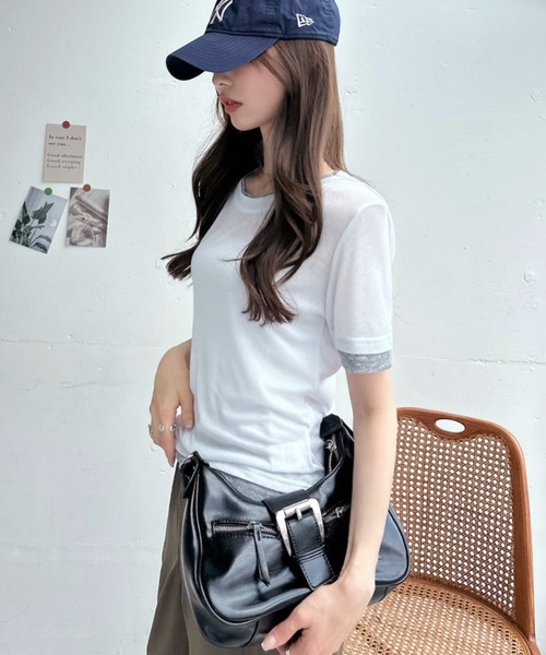 TREOVER(トレオーバー)の「シンプルに差がつくレイヤード風半袖シアートップス(Tシャツ/カットソー・レディース・ブラック×ホワイト/パープル系/ホワイト×グレー/グレー×ホワイト/イエロー×グレー・FREE)」の20枚目の写真