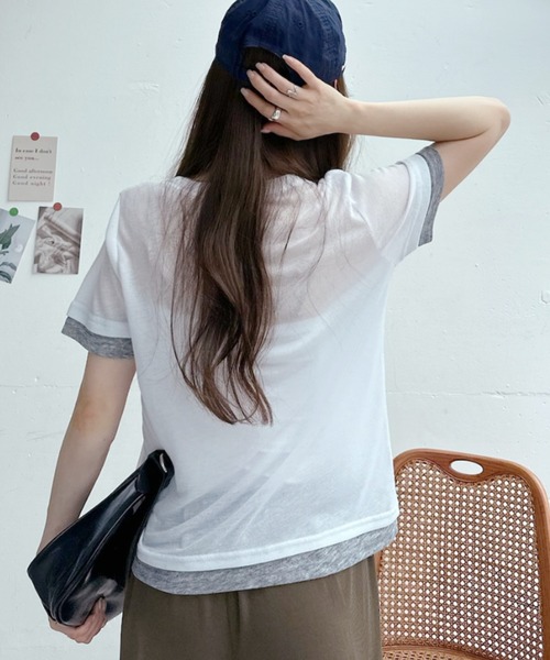 TREOVER(トレオーバー)の「シンプルに差がつくレイヤード風半袖シアートップス(Tシャツ/カットソー・レディース・ブラック×ホワイト/パープル系/ホワイト×グレー/グレー×ホワイト/イエロー×グレー・FREE)」の21枚目の写真