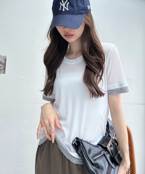 TREOVER(トレオーバー)の「シンプルに差がつくレイヤード風半袖シアートップス(Tシャツ/カットソー・レディース・ブラック×ホワイト/パープル系/ホワイト×グレー/グレー×ホワイト/イエロー×グレー・FREE)」の7枚目の写真