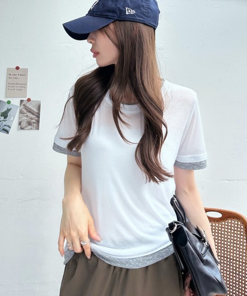 TREOVER(トレオーバー)の「シンプルに差がつくレイヤード風半袖シアートップス(Tシャツ/カットソー・レディース・ブラック×ホワイト/パープル系/ホワイト×グレー/グレー×ホワイト/イエロー×グレー・FREE)」の8枚目の写真