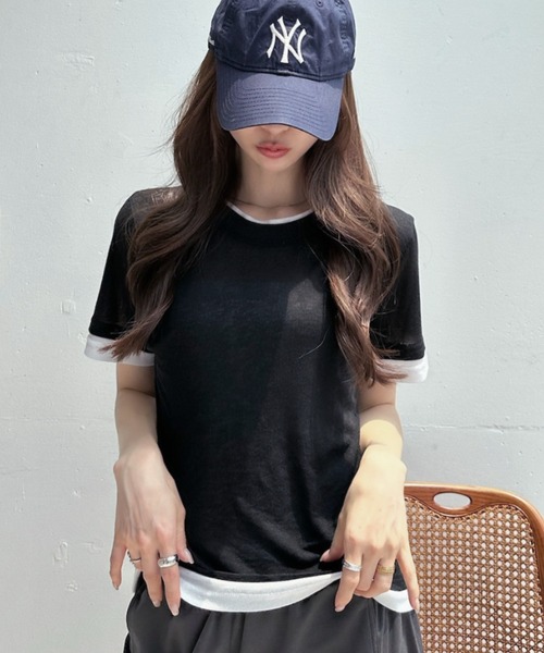 TREOVER(トレオーバー)の「シンプルに差がつくレイヤード風半袖シアートップス(Tシャツ/カットソー・レディース・ブラック×ホワイト/パープル系/ホワイト×グレー/グレー×ホワイト/イエロー×グレー・FREE)」の9枚目の写真