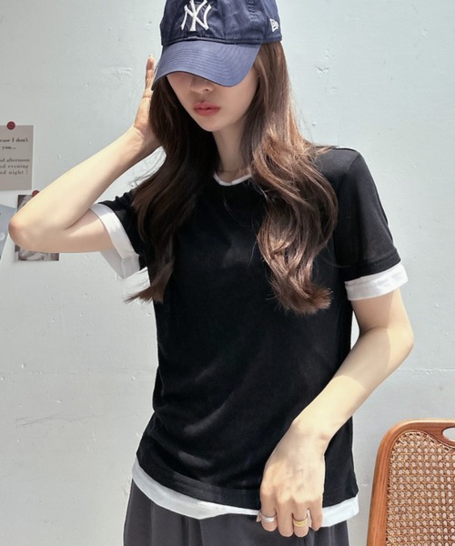 TREOVER(トレオーバー)の「シンプルに差がつくレイヤード風半袖シアートップス(Tシャツ/カットソー・レディース・ブラック×ホワイト/パープル系/ホワイト×グレー/グレー×ホワイト/イエロー×グレー・FREE)」の10枚目の写真