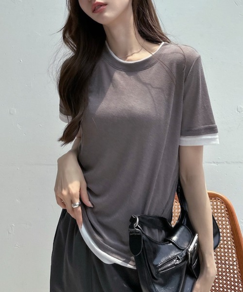 TREOVER(トレオーバー)の「シンプルに差がつくレイヤード風半袖シアートップス(Tシャツ/カットソー・レディース・ブラック×ホワイト/パープル系/ホワイト×グレー/グレー×ホワイト/イエロー×グレー・FREE)」の12枚目の写真