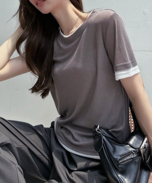 TREOVER(トレオーバー)の「シンプルに差がつくレイヤード風半袖シアートップス(Tシャツ/カットソー・レディース・ブラック×ホワイト/パープル系/ホワイト×グレー/グレー×ホワイト/イエロー×グレー・FREE)」の13枚目の写真