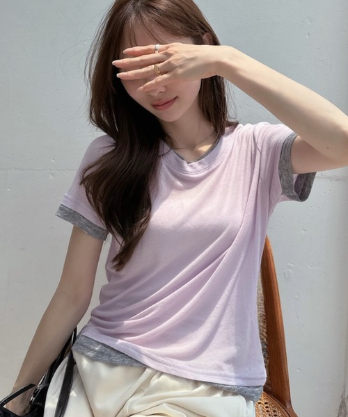 TREOVER(トレオーバー)の「シンプルに差がつくレイヤード風半袖シアートップス(Tシャツ/カットソー・レディース・ブラック×ホワイト/パープル系/ホワイト×グレー/グレー×ホワイト/イエロー×グレー・FREE)」の16枚目の写真