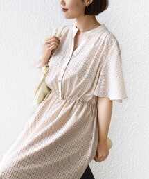 〈手洗い可能〉プリント キーネック フレア スリーブ 半袖 ワンピース