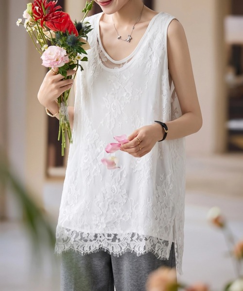 yuue' ( wear )(ユーイ)の「レースレイヤードチュニックタンクトップ(タンクトップ・レディース・ホワイト/ブラック・FREE)」の15枚目の写真