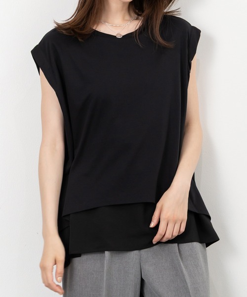 MAISONCOMFY （メゾンコンフィ）の「【接触冷感 レイヤードカットソー】異素材レイヤード（Tシャツ/カットソー・レディース・ブラック/ブルー/ホワイト・FREE）」の3枚目の写真