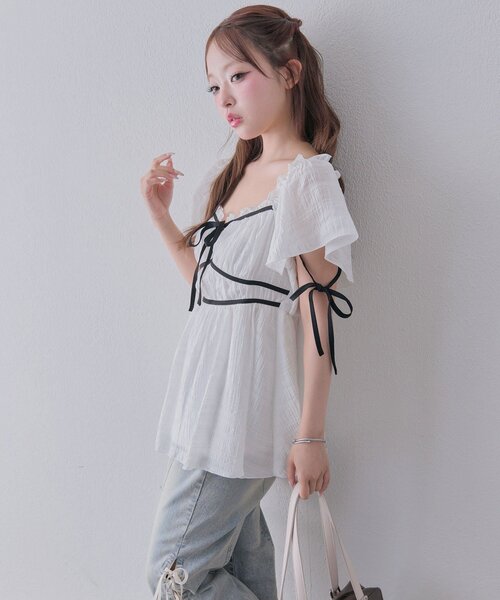 OLIVE des OLIVE(オリーブデオリーブ)の「配色リボンブラウス(Tシャツ/カットソー・レディース・ピンク/オフホワイト/ブラウン・FREE)」の7枚目の写真